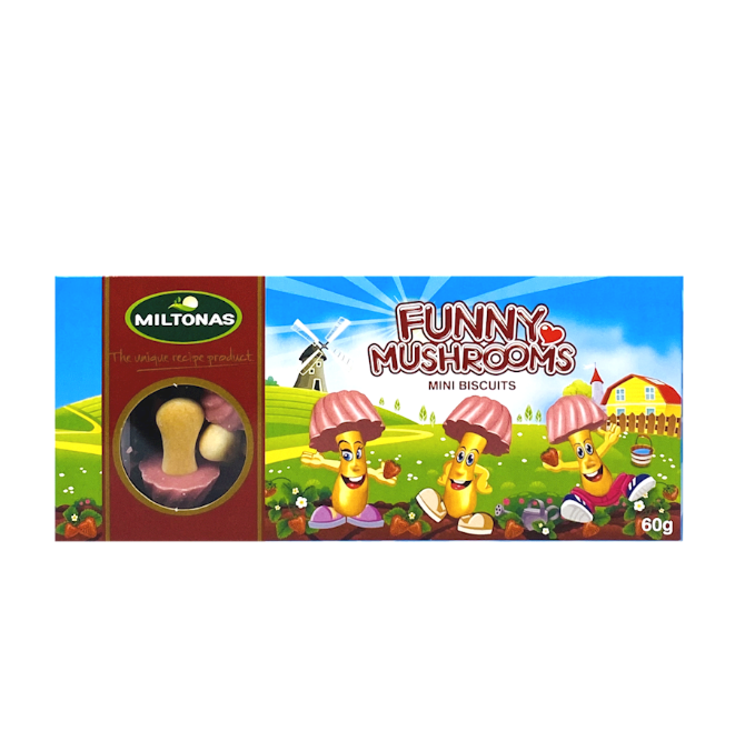 Miltonas Funny Mushrooms mini biscuits packaging with cartoon mushrooms on a colorful background