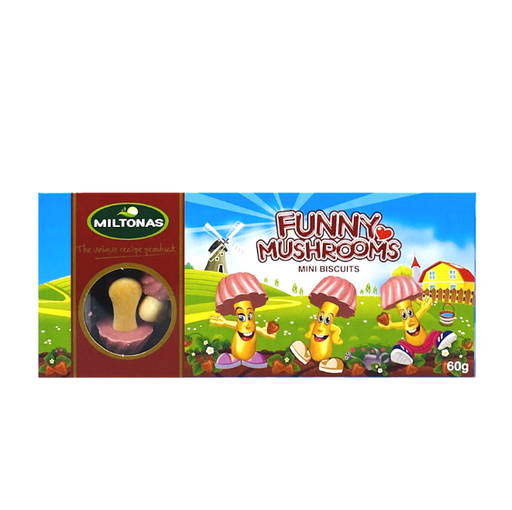 Miltonas Funny Mushrooms mini biscuits packaging with cartoon mushrooms on a colorful background
