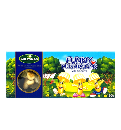 Miltonas Funny Mushrooms mini biscuits packaging with cartoon characters on a white background