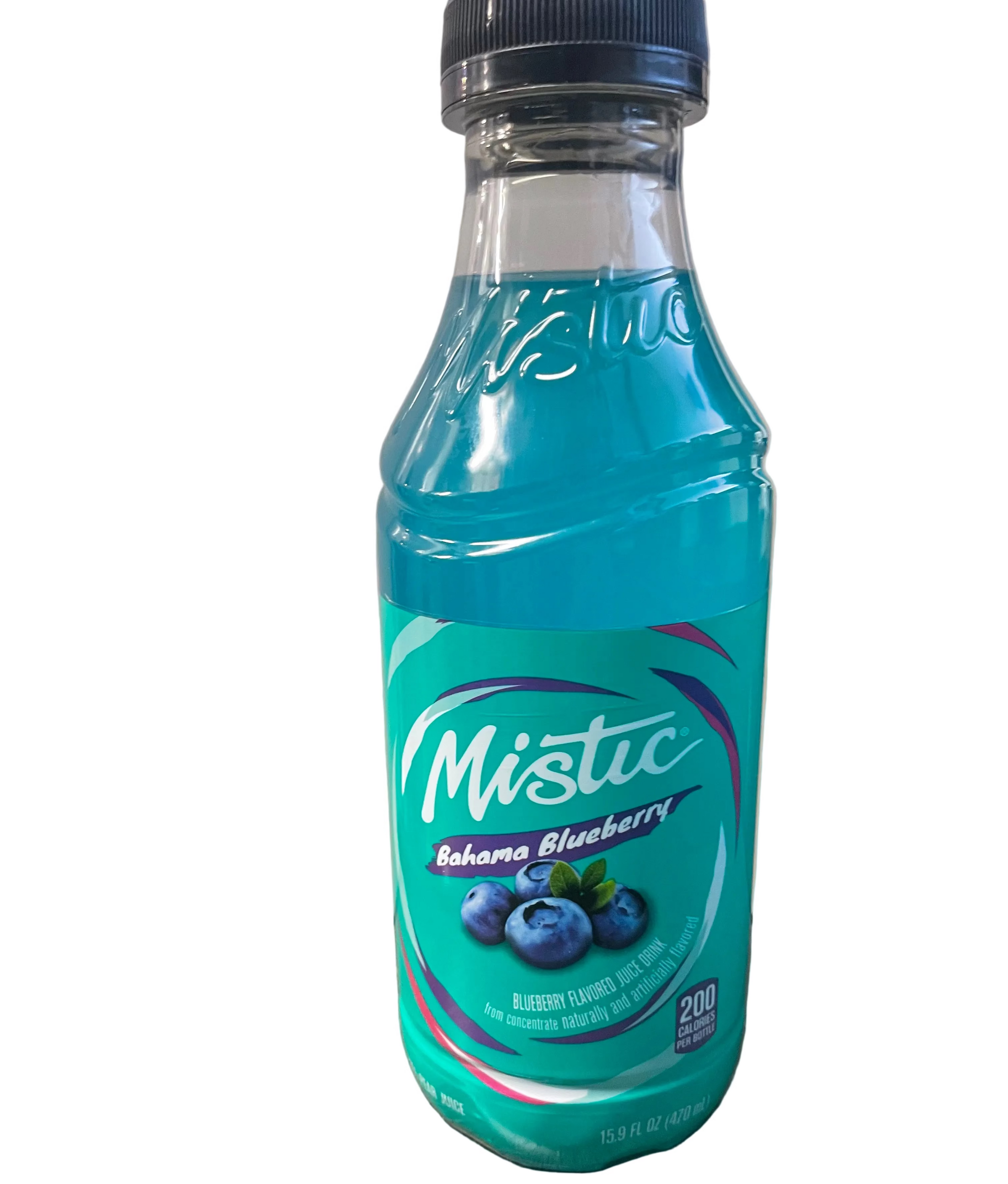 Blue bottle of Mystic Bahama Blueberry drink on a white background