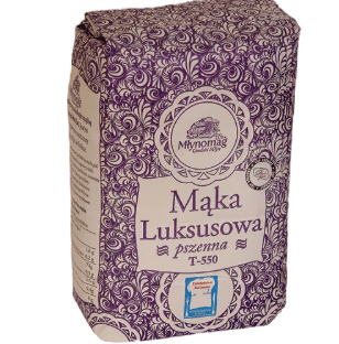 Packaged flour with decorative purple and white design on a white background