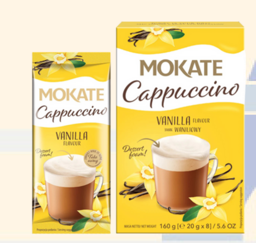 Two boxes of Mokate Cappuccino Vanilla flavor on a light beige background