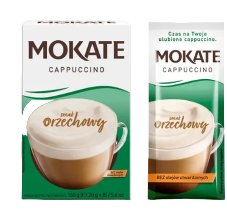 Two Mokate Cappuccino packages with a cup of cappuccino on a white background.