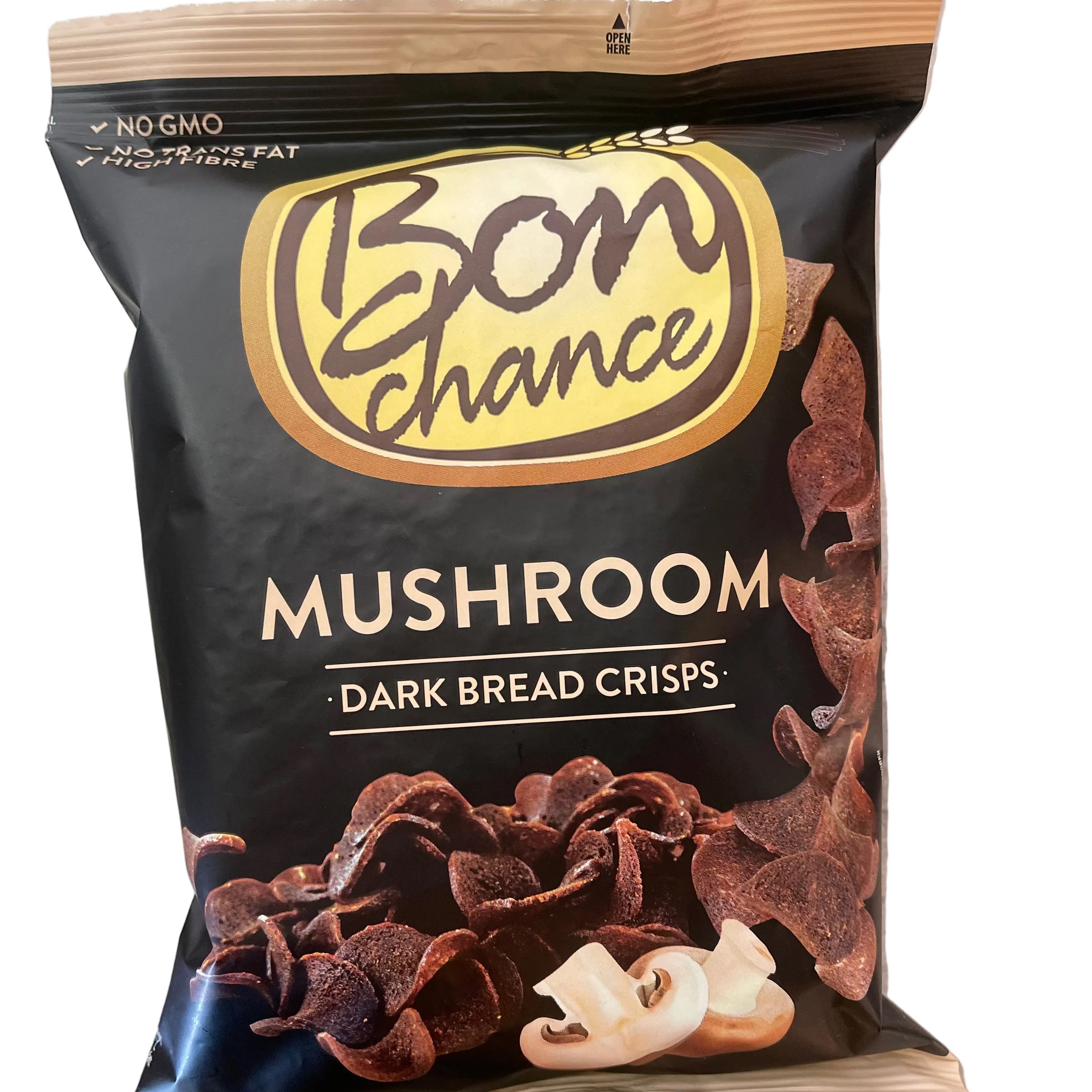 Bag of Bon Chance Mushroom Dark Bread Crisps on a metallic surface