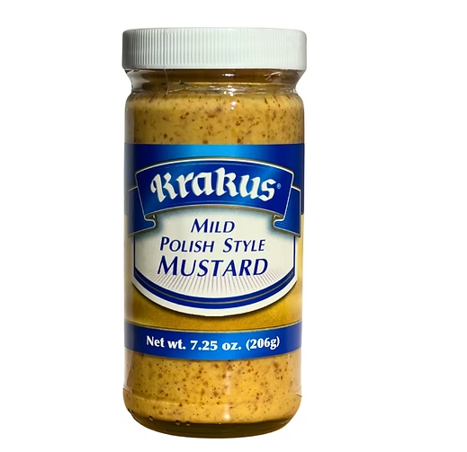 Jar of Krakus Mild Polish Style Mustard on a white background