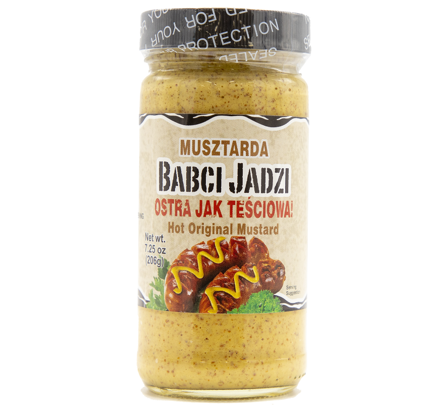 Jar of mustard with a label on a white background