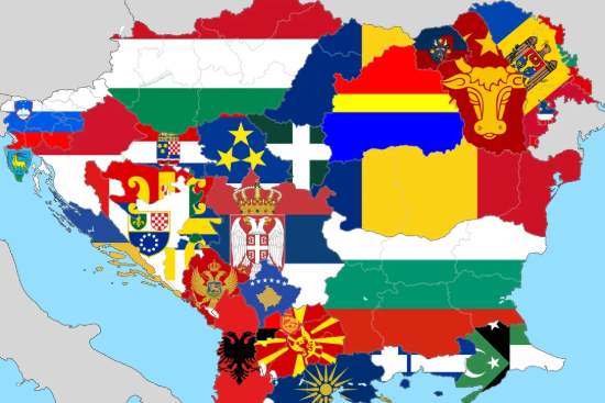 Map of Europe with various flags superimposed on different countries