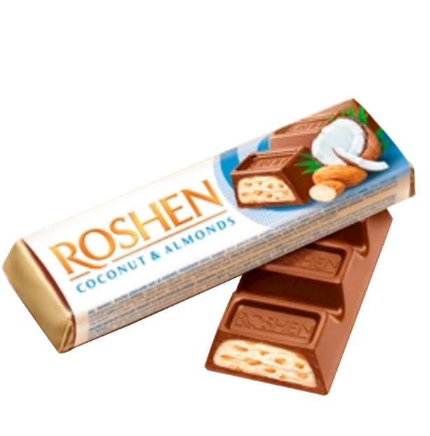 Roshen coconut and almonds chocolate bar packaging on a white background