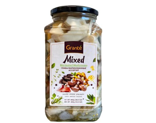 Jar of Grante mixed mushrooms with a label on a white background