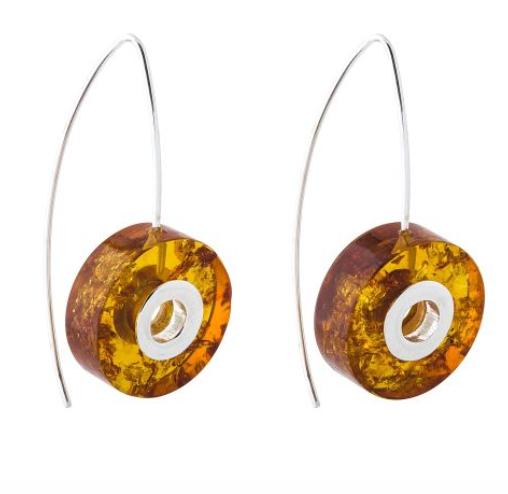 Modern hanging fun donut 925 silver and Baltic amber earrings