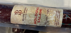 Bravo Meats Moldova Salami packaging with label on a reflective surface