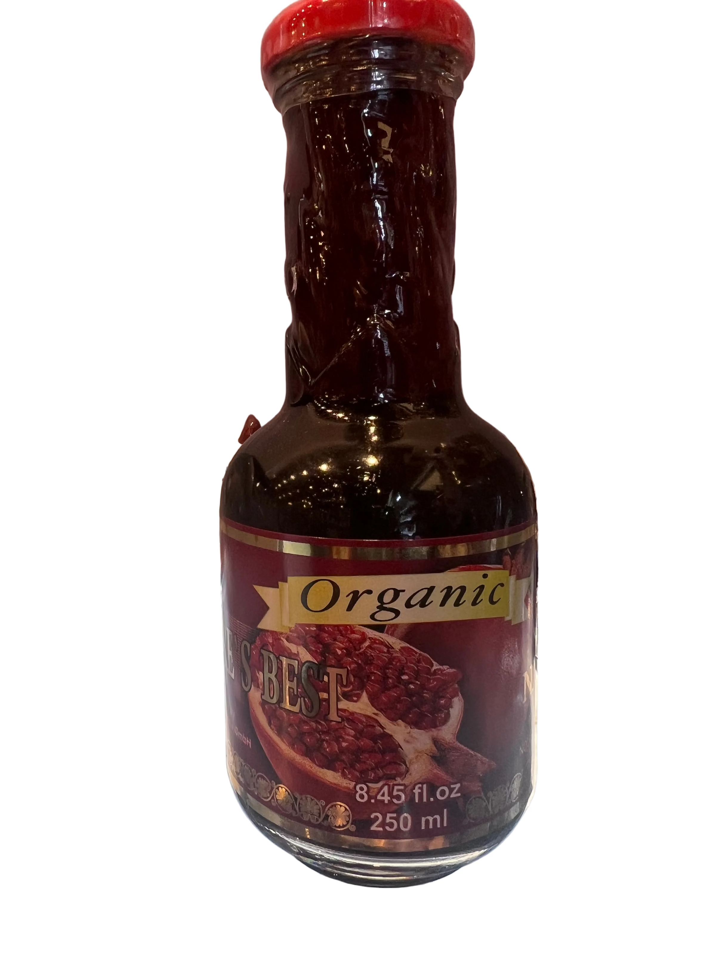 A bottle of NATURE'S BEST Organic Pomegranate Juice, 250ml, not from concentrate.