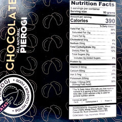 Nutrition facts label for chocolate pierogi on a dark background with brand logo.