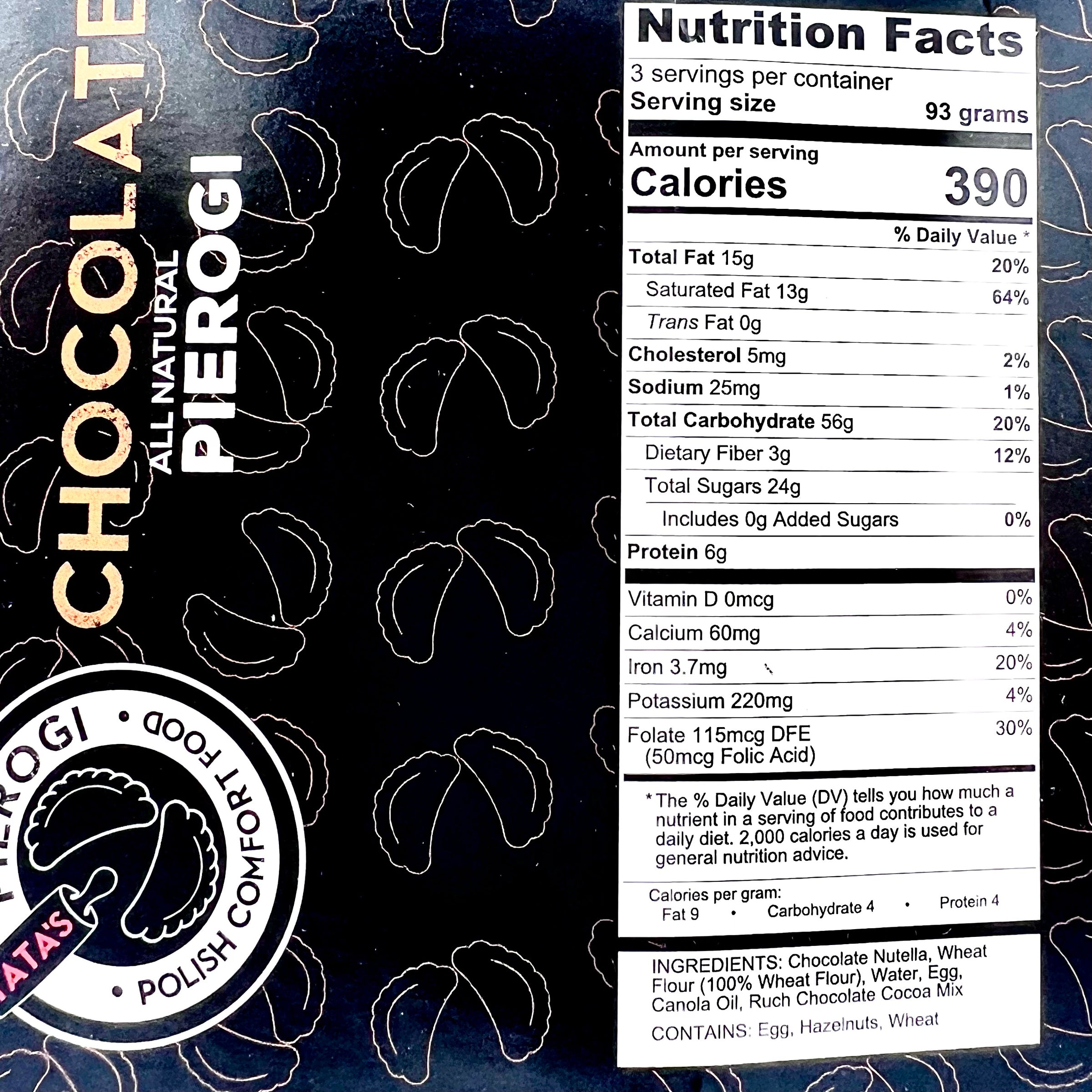 Nutrition facts label for chocolate pierogi on a dark background with brand logo.