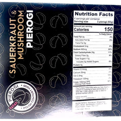 Nutrition facts label for sauerkraut and mushroom pierogi packaging.