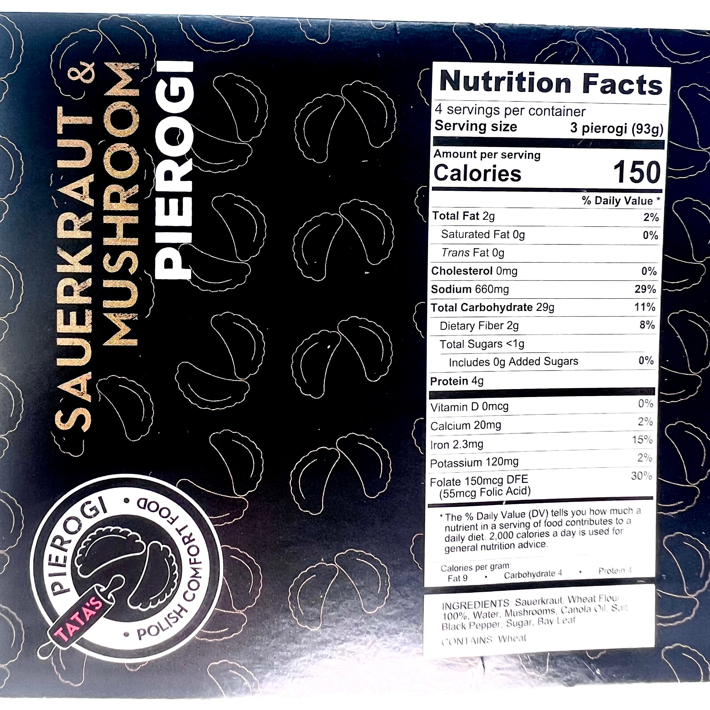 Nutrition facts label for sauerkraut and mushroom pierogi packaging.