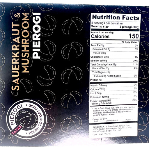 Nutrition facts label for sauerkraut and mushroom pierogi packaging.