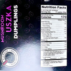 Nutrition facts label on a package of Mushroom Uszka Dumplings with Pierogi Factory branding.