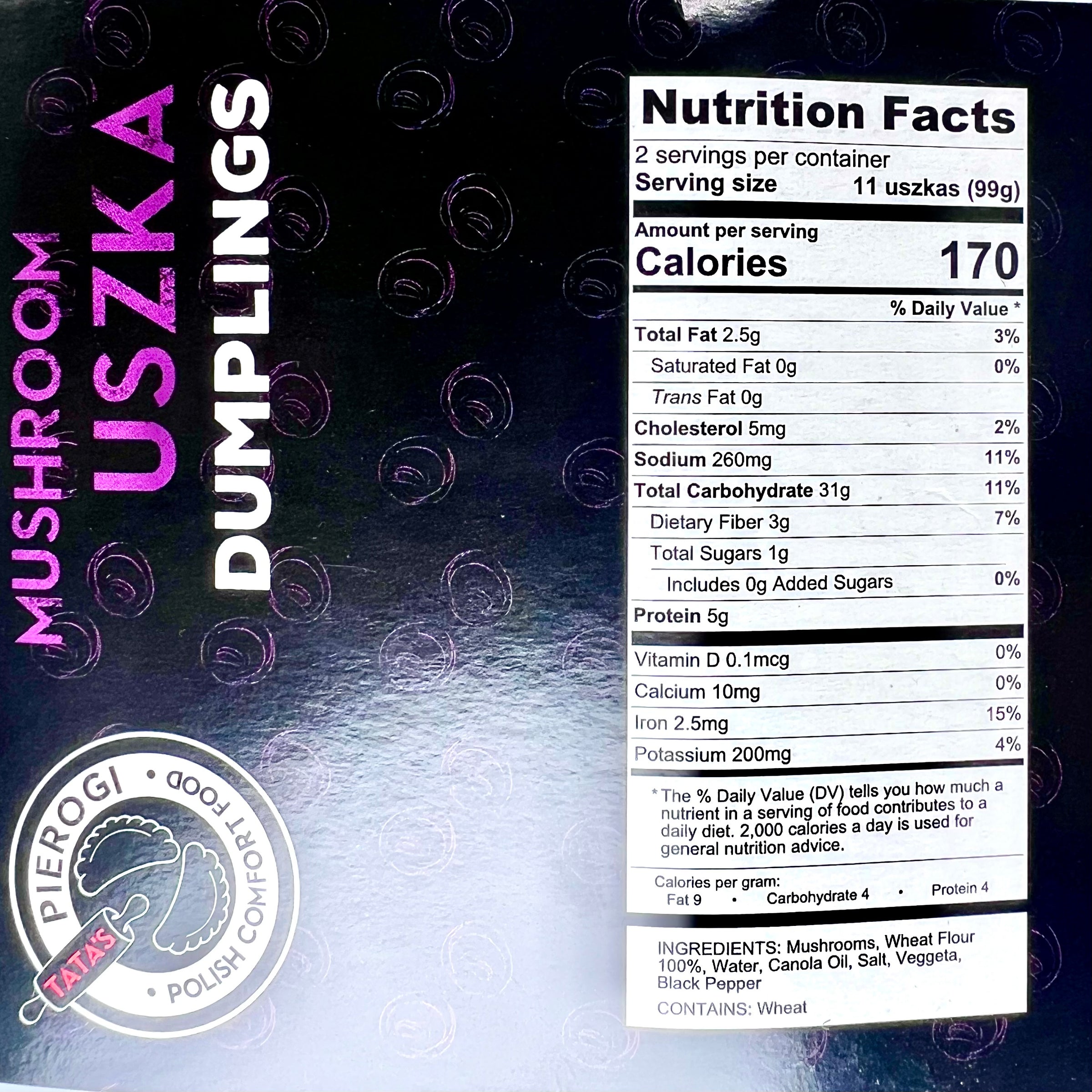Nutrition facts label on a package of Mushroom Uszka Dumplings with Pierogi Factory branding.