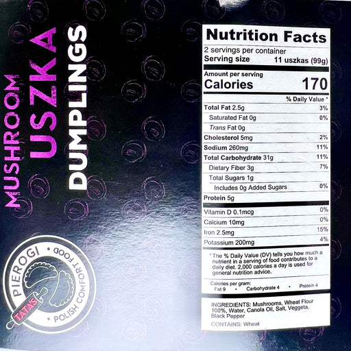 Nutrition facts label on a package of Mushroom Uszka Dumplings with Pierogi Factory branding.
