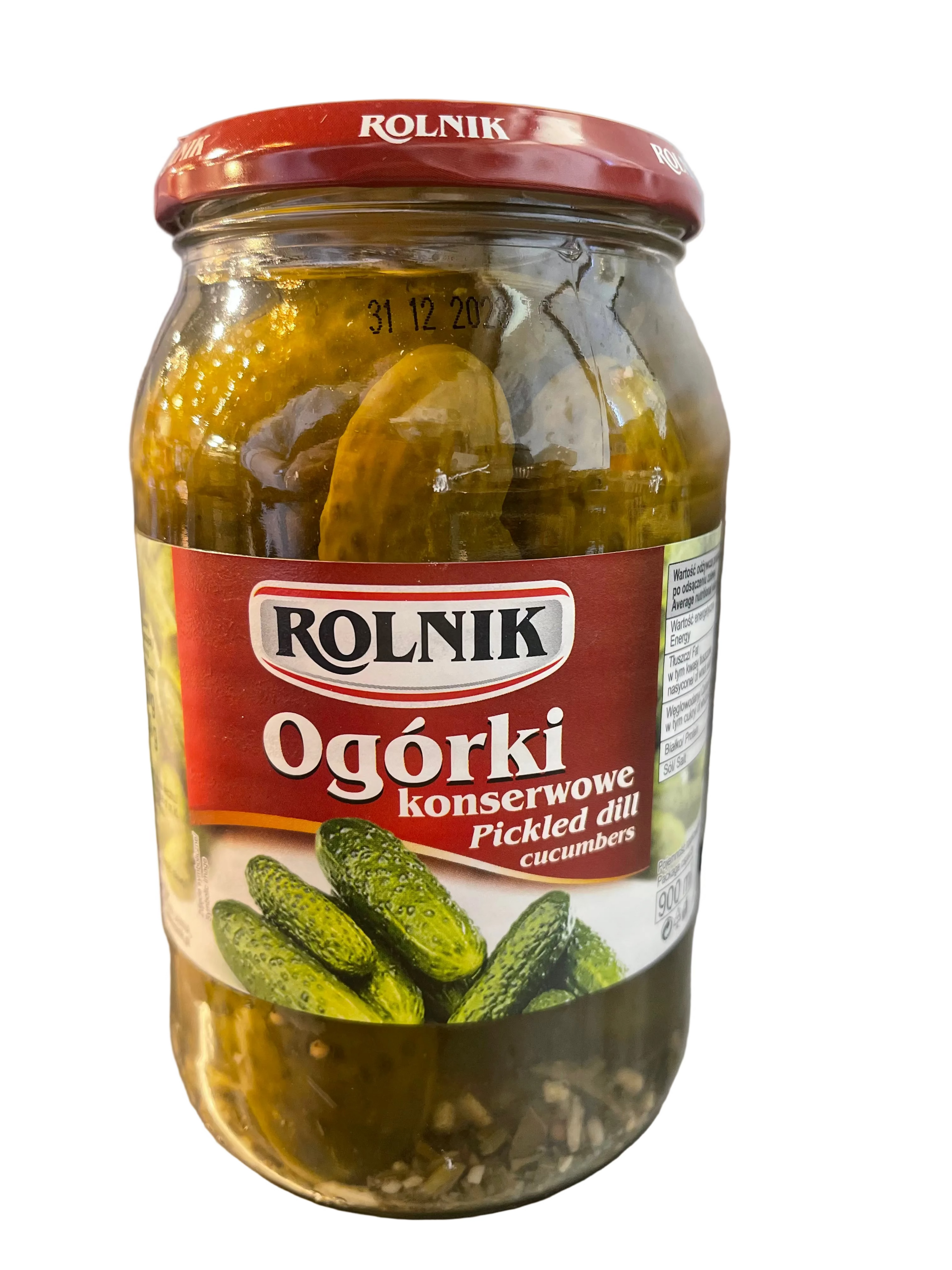 Jar of Rolnik pickled dill on a metallic surface