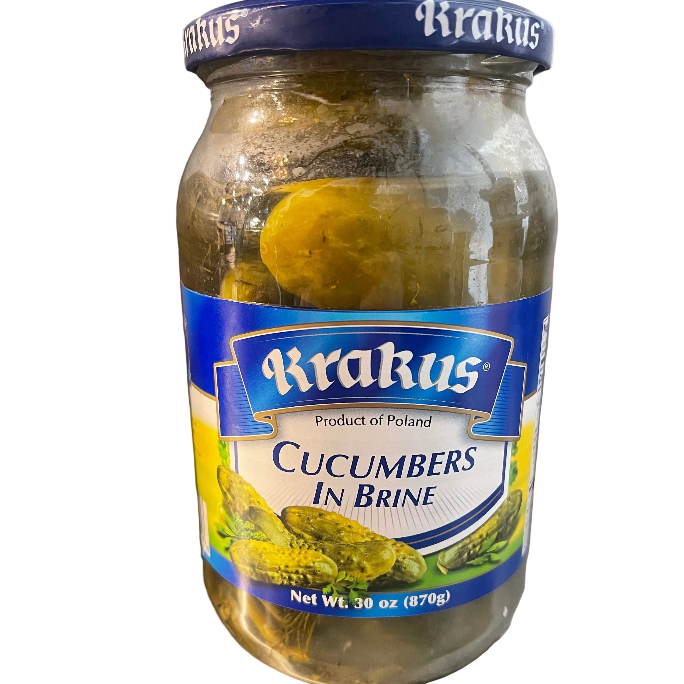 Jar of pickled cucumbers with a blue label on a metallic surface