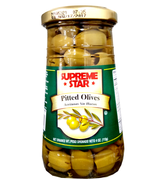 Jar of Supreme Star pitted olives on a white background