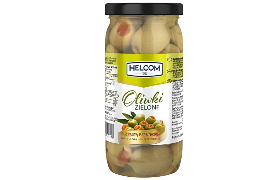 OLIWKI ZIELONE Z PASTA PAPRYKOWA, GREEN OLIVES WITH RED PAPPPER PASTE,HELCOM,370ML
