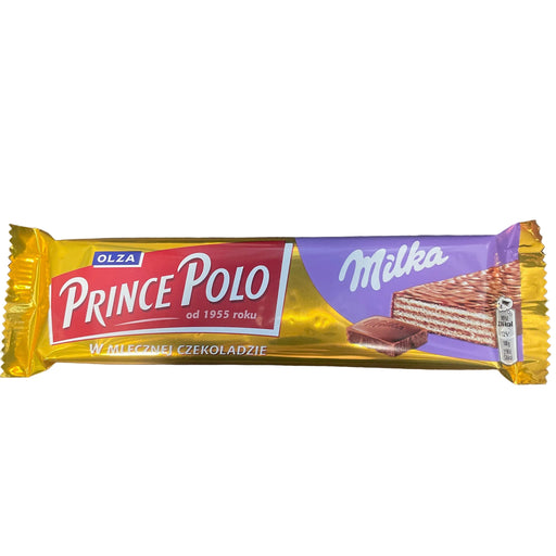 Chocolate bar packaging with 'Prince Polo' branding on a wooden surface
