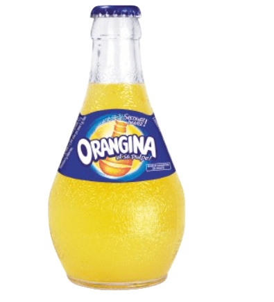 Orangina bottle with blue cap on a white background