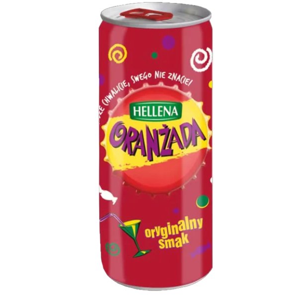 Red can of Helana Oranzada with colorful graphics on a white background