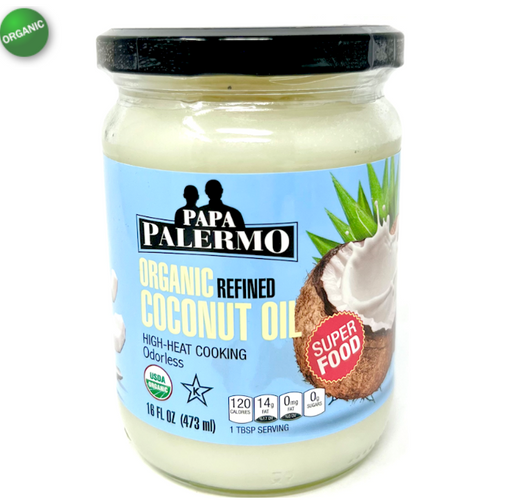 Jar of Papa Palermo organic refined coconut oil on a white background