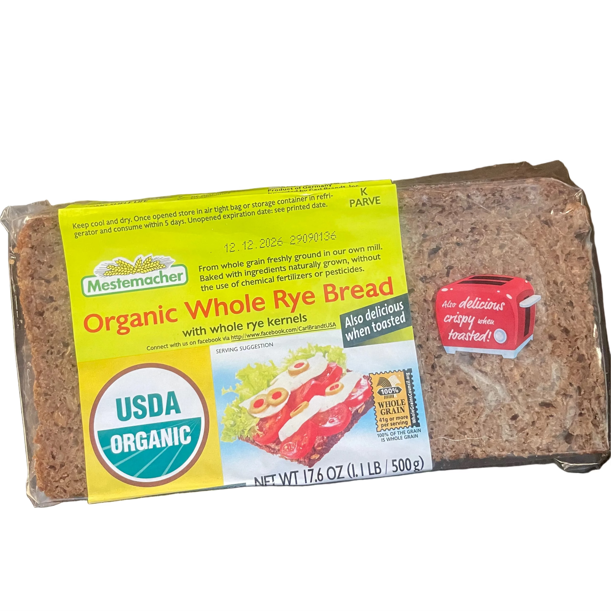 Packaged organic whole rye bread with Mestemacher branding and USDA Organic label.