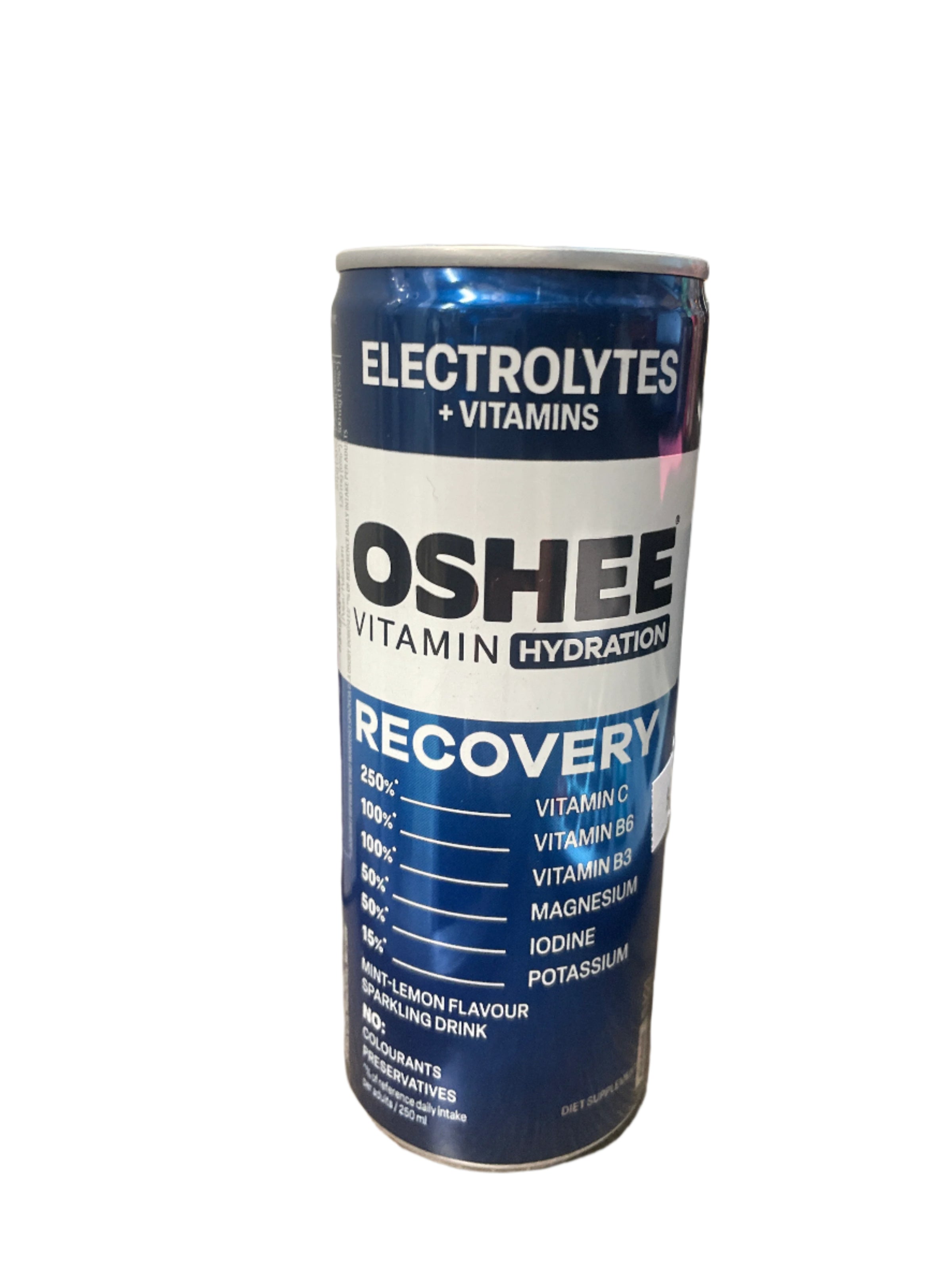 Oshee Recovery drink can on a wooden surface with tools in the background