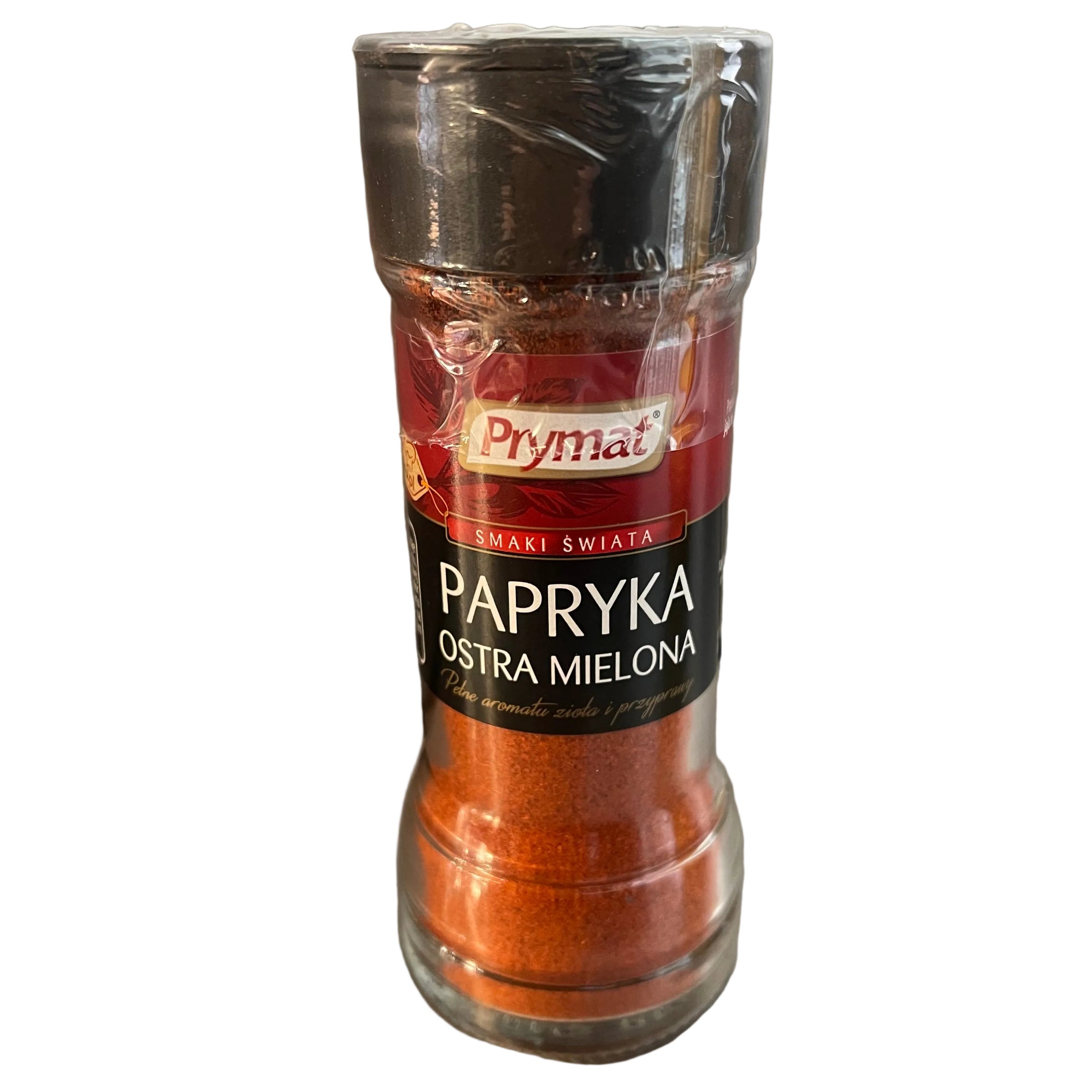 Paprika spice bottle on a metallic surface