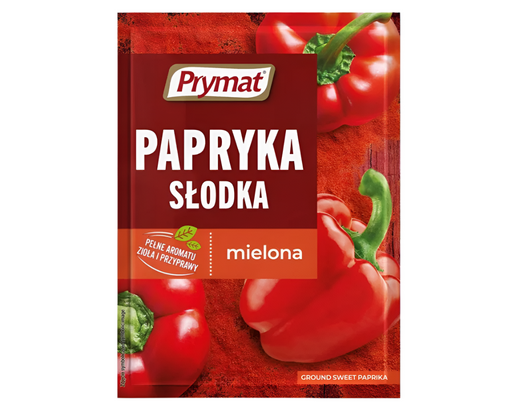 Paprika seasoning packet with red peppers on a red background