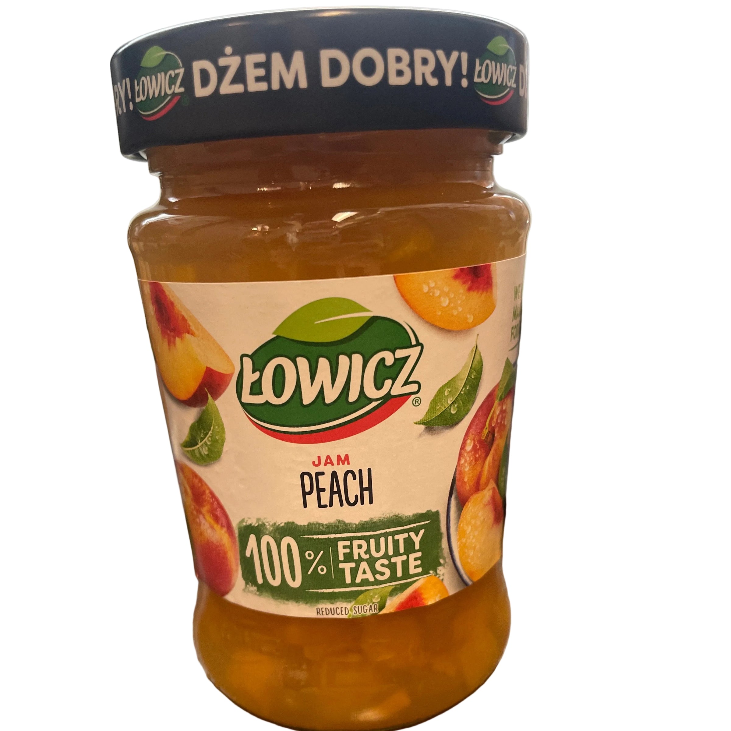 Jar of Lowicz peach jam on a metallic surface