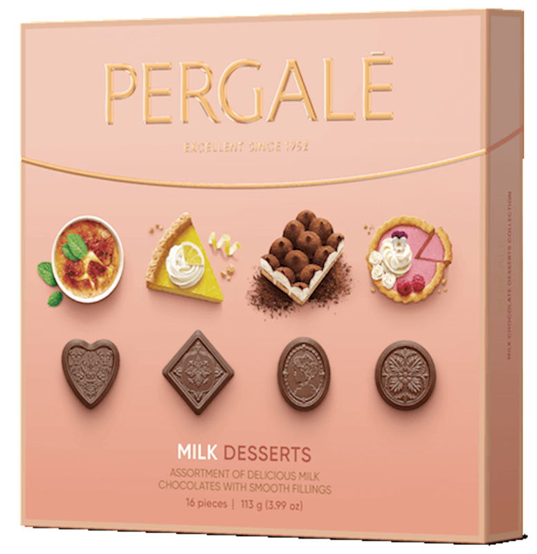 MILK DESSERT, BOXED CANDIES,PERGALE CANDIES ASSORTED GOURMET DESSERT COLLECTION, LITHUANIA, 113G GIFT BOX