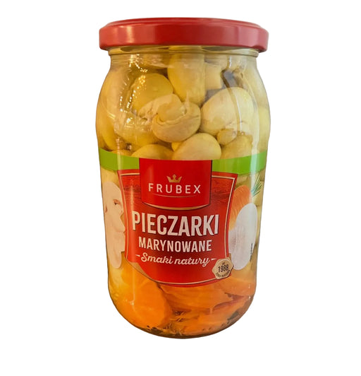 Jar of pickled garlic with Frubex label on a metallic surface