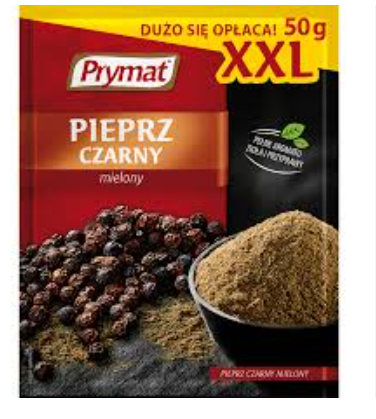 Prymat black pepper packaging with black pepper and ground pepper illustration on a white background