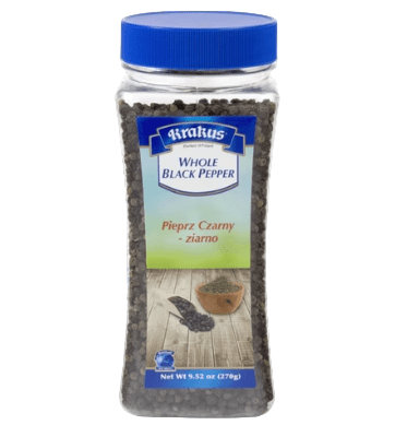 Jar of whole black pepper with a blue lid on a white background