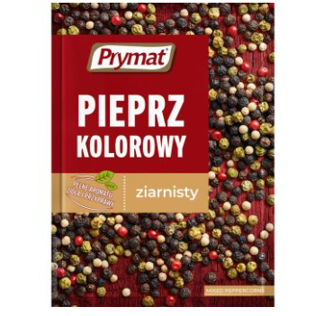 Prymat colored pepper packaging with multicolored pepper grains on a red background