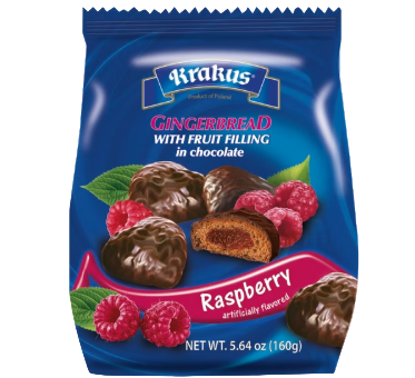 PIERNICZKI MALINOWE W CZEKOLADZIE, CHOCOLATE COVERED GINGERBRAD WITH RASPBERRY FILLING, KRAKUS, 160G