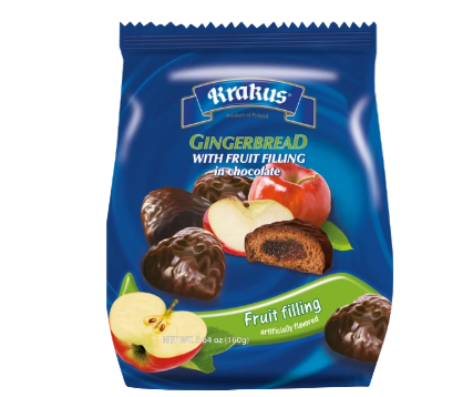 PIERNICZKI OWOCOWE W CZEKOLADZIE, CHOCOLATE COVERED GINGERBRAD WITH FRUIT FILLING, KRAKUS, 160G