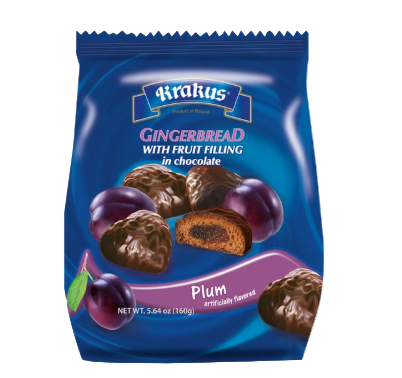 PIERNICZKI SLIWKOWE W CZEKOLADZIE, CHOCOLATE COVERED GINGERBRAD WITH PLUM FILLING, KRAKUS, 160G