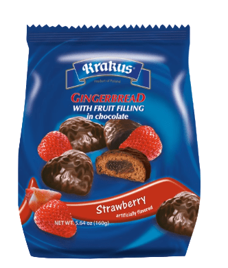 Blue package of Krakus gingerbread with fruit filling in chocolate, strawberry flavored.