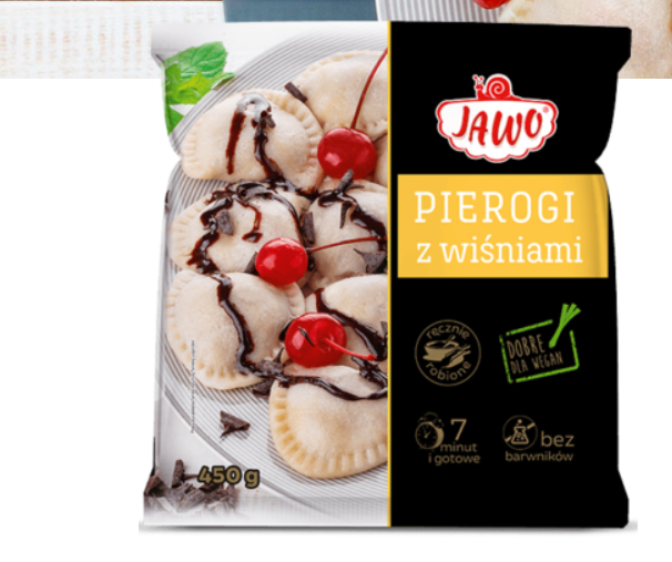 Packaged dessert with cherry toppings and JAWO branding on a white background