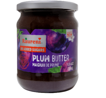 Jar of Raureni plum butter on a white background