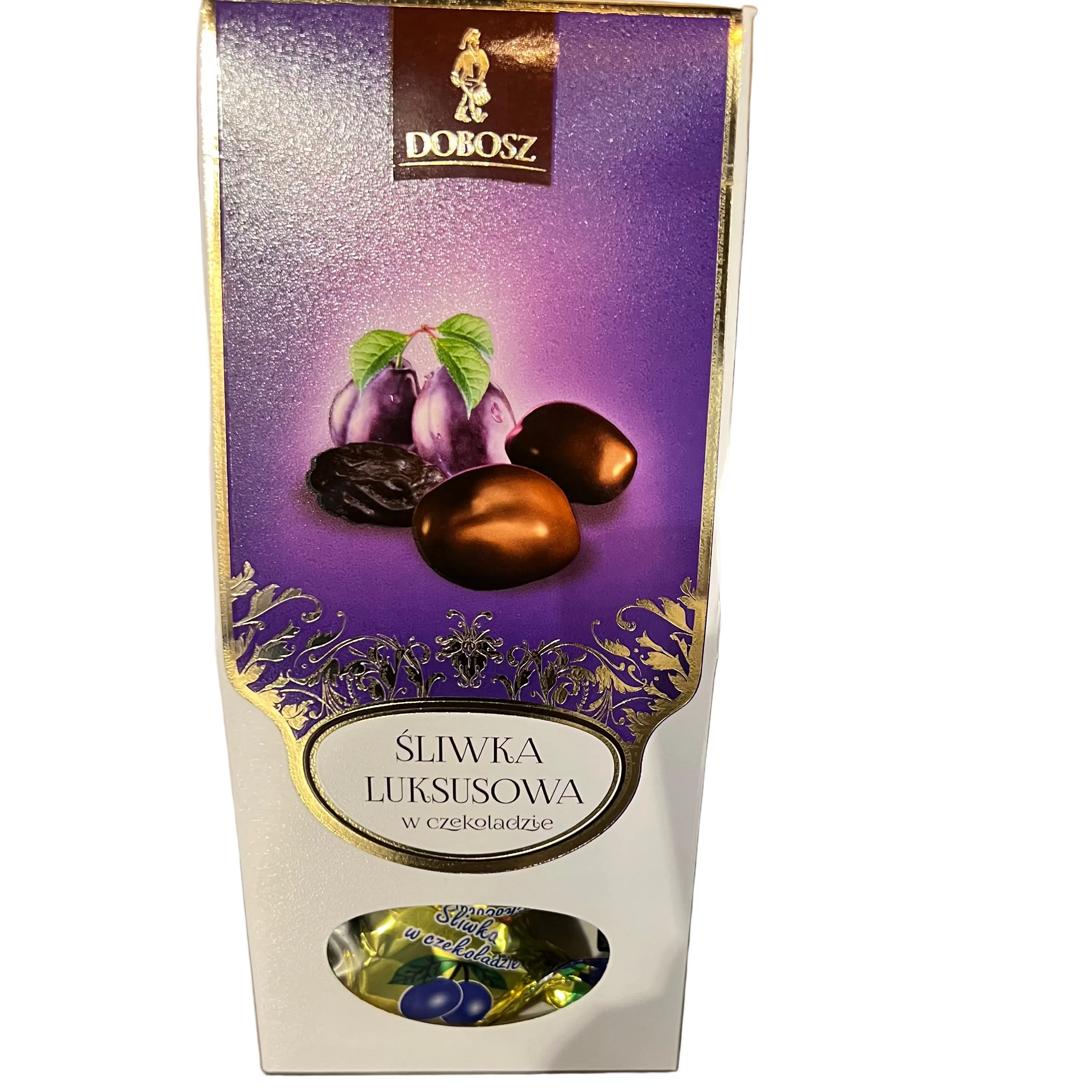 Chocolate packaging with purple and white design featuring Dobosz branding.