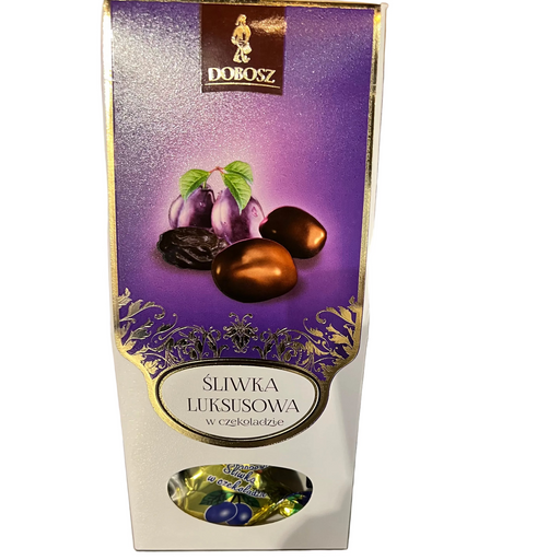 Chocolate packaging with purple and white design featuring Dobosz branding.